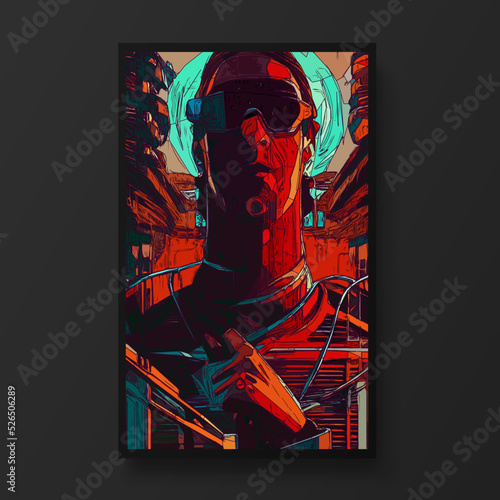 Cyberpunk man portrait.The concept of virtual reality. Man fashion concept, minimalistic style. Trendy modern illustration for poster, banner, cover.