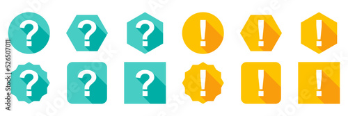 Question mark Icon Set, FAQ sign, Help symbol. Exclamation mark Icon Set, Attention sign, Caution icon, Hazard warning symbol. Light blue and Yellow style.