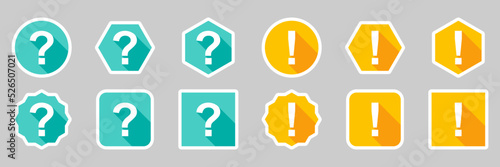 Question mark Icon Set, FAQ sign, Help symbol. Exclamation mark Icon Set, Attention sign, Caution icon, Hazard warning symbol. Light blue and Yellow style. White stroke design.