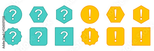 Question mark Icon Set, FAQ sign, Help symbol. Exclamation mark Icon Set, Attention sign, Caution icon, Hazard warning symbol. Light blue and Yellow style.