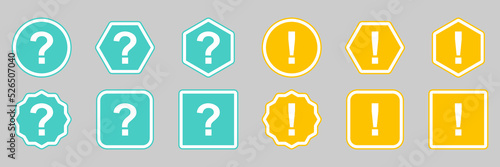 Question mark Icon Set, FAQ sign, Help symbol. Exclamation mark Icon Set, Attention sign, Caution icon, Hazard warning symbol. Light blue and Yellow style.