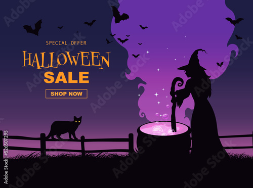 Halloween promo sale banner, witch brewing potion in cauldron, flying bats