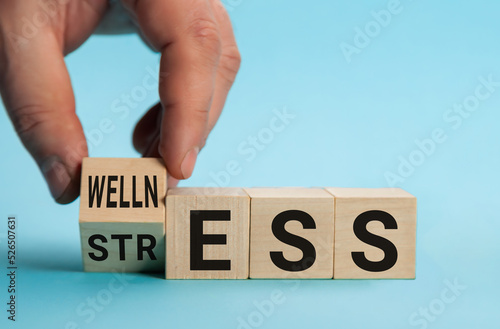 Wellness instead of stress. Hand turns a dice and changes the word stress to wellness. Word STRESS and WELLNESS on cubes.