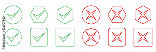 Check and wrong marks Icon Set, Tick and cross marks, Accepted,Rejected, Approved,Disapproved, Yes,No, Right,Wrong, Green,Red, Correct,False, Ok,Not Ok - vector mark symbols in green and red.