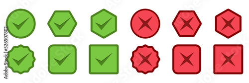 Check and wrong marks Icon Set, Tick and cross marks, Accepted,Rejected, Approved,Disapproved, Yes,No, Right,Wrong, Green,Red, Correct,False, Ok,Not Ok - vector mark symbols in green and red.