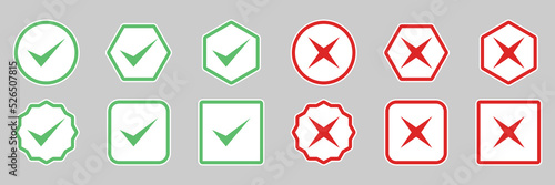 Check and wrong marks Icon Set, Tick and cross marks, Accepted,Rejected, Approved,Disapproved, Yes,No, Right,Wrong, Green,Red, Correct,False, Ok,Not Ok - vector mark symbols in green and red.