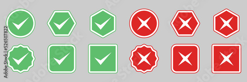 Check and wrong marks Icon Set, Tick and cross marks, Accepted,Rejected, Approved,Disapproved, Yes,No, Right,Wrong, Green,Red, Correct,False, Ok,Not Ok - vector mark symbols in green and red.