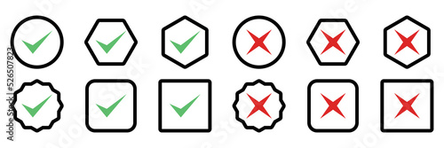 Check and wrong marks Icon Set, Tick and cross marks, Accepted,Rejected, Approved,Disapproved, Yes,No, Right,Wrong, Green,Red, Correct,False, Ok,Not Ok - vector mark symbols in green and red.
