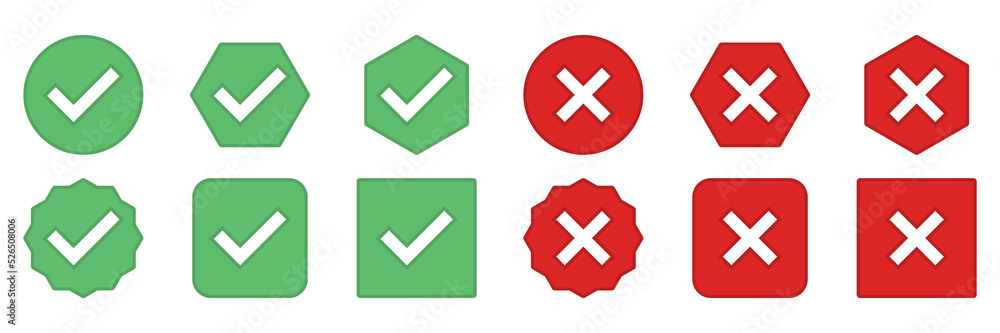 Fototapeta premium Check and wrong marks Icon Set, Tick and cross marks, Accepted,Rejected, Approved,Disapproved, Yes,No, Right,Wrong, Green,Red, Correct,False, Ok,Not Ok - vector mark symbols in green and red.
