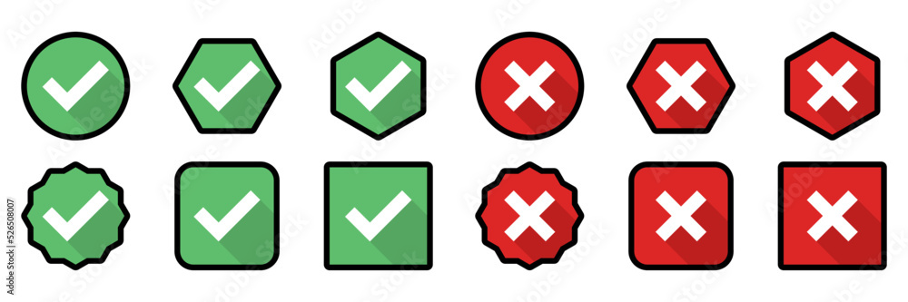 Check and wrong marks Icon Set, Tick and cross marks, Accepted,Rejected, Approved,Disapproved, Yes,No, Right,Wrong, Green,Red, Correct,False, Ok,Not Ok - vector mark symbols. Black stroke design. Check and wrong marks Icon Set, Tick and cross marks, Accepted,Rejected, Approved,Disapproved, Yes,No, Right,Wrong, Green,Red, Correct,False, Ok,Not Ok - vector mark symbols. Black stroke design.