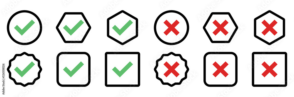 Check and wrong marks Icon Set, Tick and cross marks, Accepted,Rejected, Approved,Disapproved, Yes,No, Right,Wrong, Green,Red, Correct,False, Ok,Not Ok - vector mark symbols in green and red. Check and wrong marks Icon Set, Tick and cross marks, Accepted,Rejected, Approved,Disapproved, Yes,No, Right,Wrong, Green,Red, Correct,False, Ok,Not Ok - vector mark symbols in green and red.