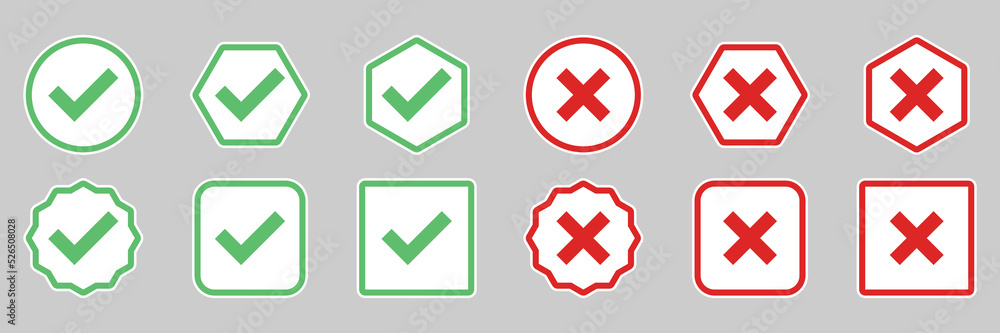 Check and wrong marks Icon Set, Tick and cross marks, Accepted,Rejected, Approved,Disapproved, Yes,No, Right,Wrong, Green,Red, Correct,False, Ok,Not Ok - vector mark symbols in green and red. Check and wrong marks Icon Set, Tick and cross marks, Accepted,Rejected, Approved,Disapproved, Yes,No, Right,Wrong, Green,Red, Correct,False, Ok,Not Ok - vector mark symbols in green and red.