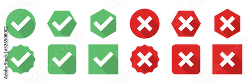 Check and wrong marks Icon Set, Tick and cross marks, Accepted,Rejected, Approved,Disapproved, Yes,No, Right,Wrong, Green,Red, Correct,False, Ok,Not Ok - vector mark symbols in green and red.