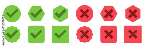Check and wrong marks Icon Set, Tick and cross marks, Accepted,Rejected, Approved,Disapproved, Yes,No, Right,Wrong, Green,Red, Correct,False, Ok,Not Ok - vector mark symbols in green and red.