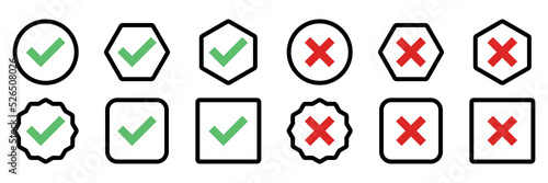 Check and wrong marks Icon Set, Tick and cross marks, Accepted,Rejected, Approved,Disapproved, Yes,No, Right,Wrong, Green,Red, Correct,False, Ok,Not Ok - vector mark symbols in green and red.