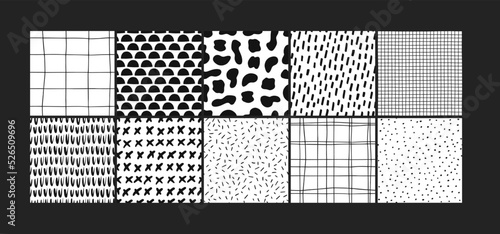 Abstract seamless black and white pattern set of hand drawn doodle elements. Waves  drops  triangles  strokes etc. Scandinavian design style. Vector illustration for textile  backgrounds etc