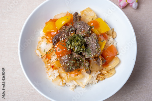 Delicious Korean style dish Steak over rice