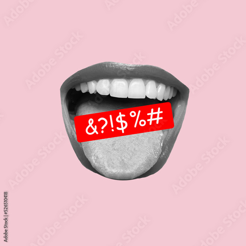 Black and white women's wide open mouth showing tongue with line of swearing speech censored with symbols isolated on pink background. Trendy collage in magazine style. Contemporary art. Modern design