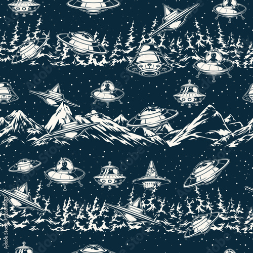 UFO seamless pattern vintage monochrome