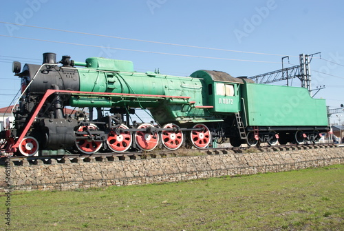 Monument to a steam locomotive near the railway station in the city of Petushki, Vladimir region