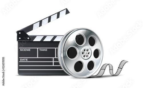 Film reel or movie metal roll with black tape and movie clapper. Isolated on white background.