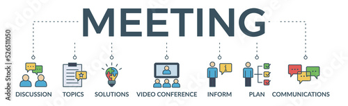 Meeting banner web icon vector illustration for business meeting and discussion with communications, topics, solutions, plan, inform and video conference icon