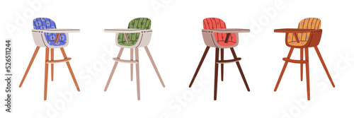 Set of baby high chair for eating at home with different patterns. Raising Child. Feeding seat for infant with print of abstract circle, rainbow, heart, cactus. Modern child wooden chair on high legs.