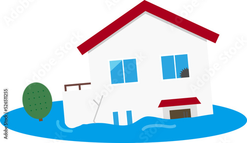 submerged house. It is vector illustration on white isolated background.