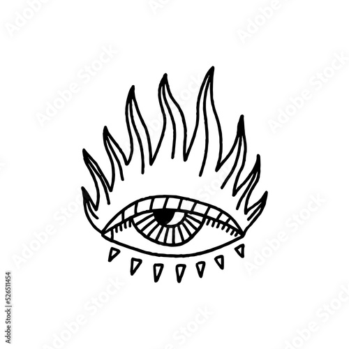 Fototapeta Naklejka Na Ścianę i Meble -  Isolated mystical sacred All-Seeing Eye with fire, black and white symbol, logo or label. Witchy gothic vintage ancient clipart in dark boho spiritual style. Perfect for T-shirt designs, tattoo