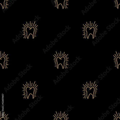 Hand drawn dental seamless pattern. Golden teeth on black background vector repeat design. Retro vintage dark boho style.