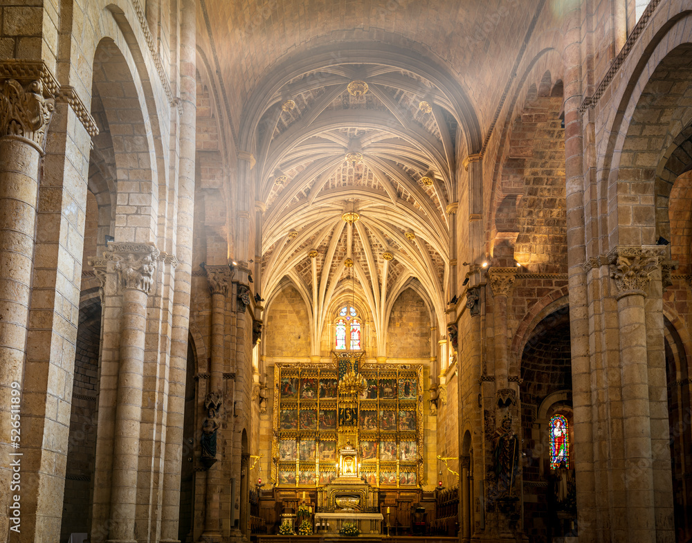 Main nave of the interior of the Royal Collegiate Basilica of San Isidoro de León, Castilla y León, Spain. Romantic style