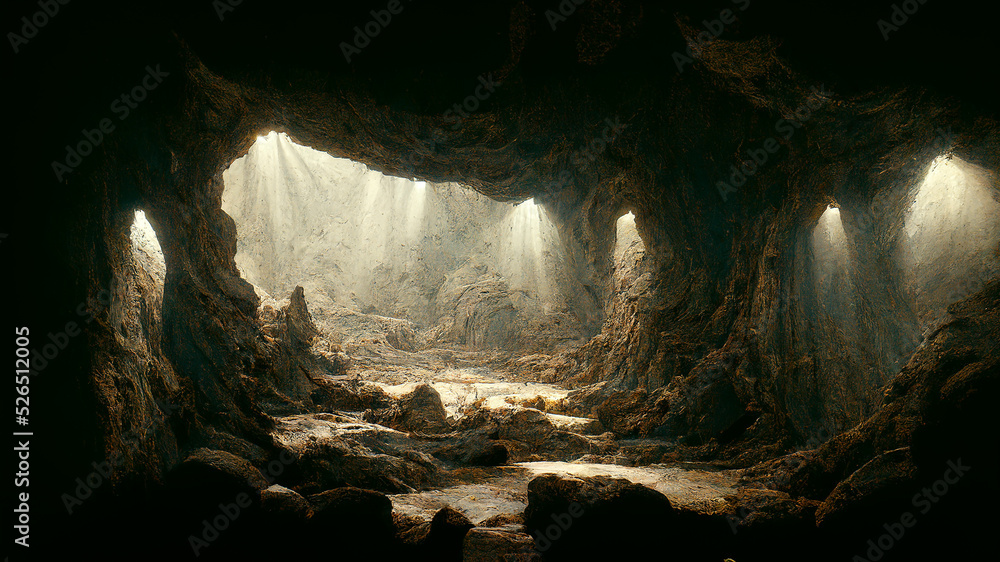 Dramatic light dark cave mysterious and surreal, digital art Illustration | Adobe Stock