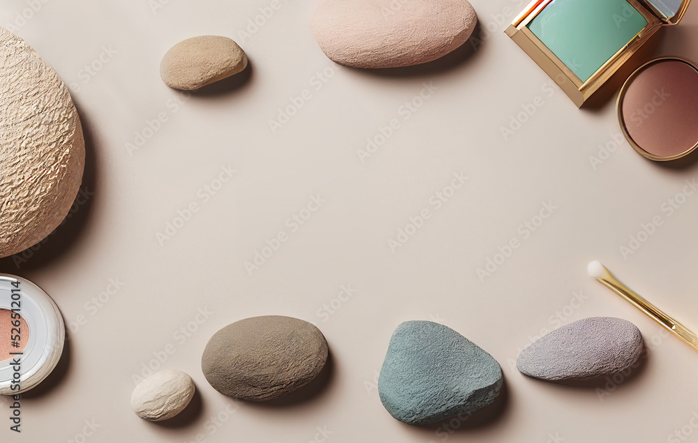 Flat lay of organic cosmetics and make up for beauty product on beige background, natural concept, 3d render illustration Flat lay of organic cosmetics and make up for beauty product on beige background, natural concept, 3d render illustration