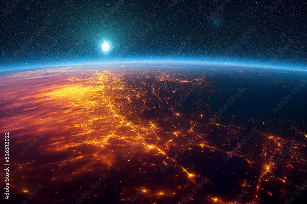 Beautiful view on planet Earth from space at night with city light, fantasy and futuristic, digital minimal art style, background wallpaper