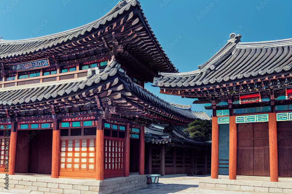 Traditional Korean architecture ancient style, tourist attraction, landmark background, 3d render