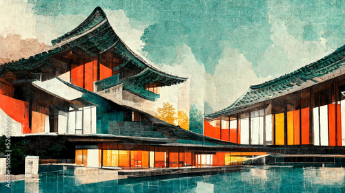 Illustration of traditional Korean architecture ancient style, tourist attraction, landmark background