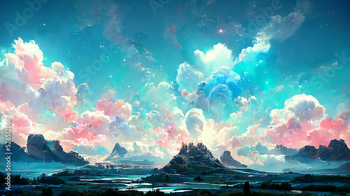 Beautiful landscape of fantasy mountain and pastel sky background, digital illustration art, fantasy scene concept photo