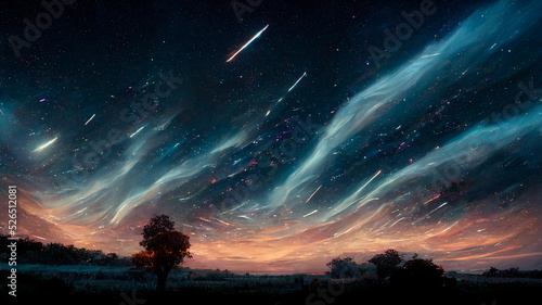 Abstract Meteor star trails and aurora on night sky background fantasy, digital art style, illustration design