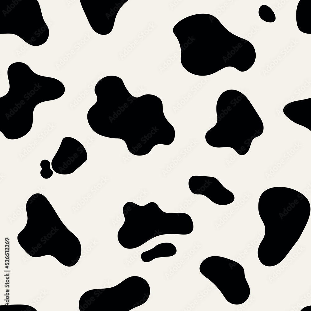 Vector seamless pattern of cow skin. Animal skin template. Black and white spotted cow texture.