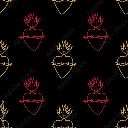 Magical boho sacred heart love peace Valentine freedom symbol handdrawn dark gothic seamless pattern