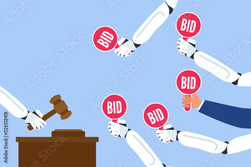 auction bidding trading competition process . robot auctioner holding gavel robotic hands and man  holding price paddles vector illustration