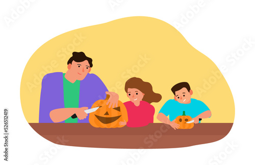happy halloween prepare scene father and children carving pumpkins vector illustration