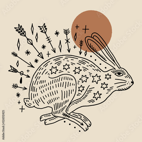 Medieval folk vintage rabbit vector and jpg printable image, unique clipart illustration, editable isolated details. Perfect for poster or postcard template, t-shirt clothes design, digital stickers
