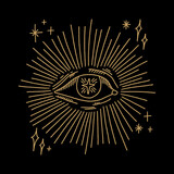 Gold sacred eye vector and jpg printable image, unique clipart illustration, editable isolated details. Perfect for poster or postcard template, t-shirt clothes design, digital stickers and more.