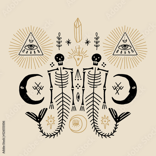 Cool creepy mermaid skeleton banner in vintage dark boho style, bohemian skull vector clipart illustration. Freemason and witchcraft mystical design. Gothic, macabric medieval picture. Great for