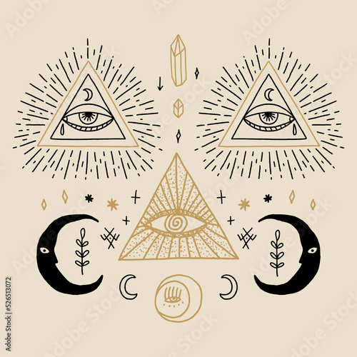 Moon and Eye of Providence vintage symbol. Masonic all seeing eye symbolic. Vector clipart illustration. Cool for tattoo, t-shirt, coloring book. Astrology, alchemy, dark boho magic concept. photo