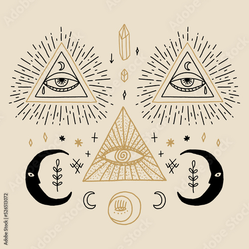 Moon and Eye of Providence vintage symbol. Masonic all seeing eye symbolic. Vector clipart illustration. Cool for tattoo, t-shirt, coloring book. Astrology, alchemy, dark boho magic concept.