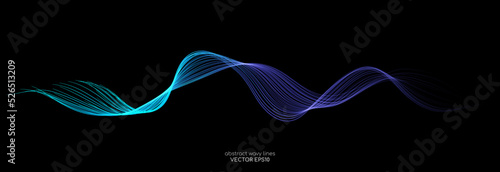Vector brush stroke wave lines smooth flowing dynamic colorful blue purple pink gradient light isolated on black background for concept of technology, digital, communication, science, music © korkeng