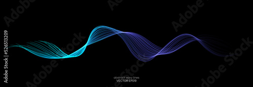 Vector brush stroke wave lines smooth flowing dynamic colorful blue purple pink gradient light isolated on black background for concept of technology, digital, communication, science, music