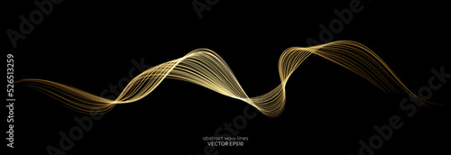 Vector brush stroke wave lines smooth flowing dynamic gold gradient light isolated on black background for concept of luxury, modern, technology, digital, science, music.